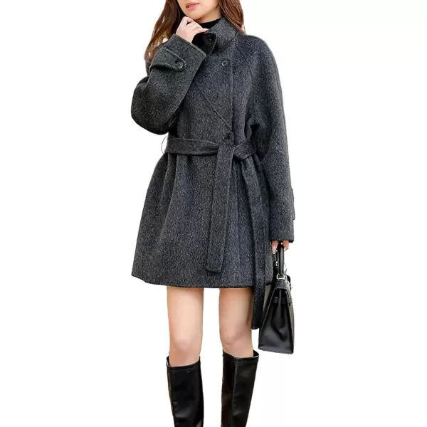 imagechouyatou Women Wool Blend Overcoat Stand Collar Trench Coat Warm Fall Winter Blazer Jacket Coat with BeltDark Grey