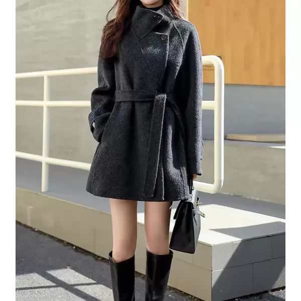 imagechouyatou Women Wool Blend Overcoat Stand Collar Trench Coat Warm Fall Winter Blazer Jacket Coat with BeltDark Grey