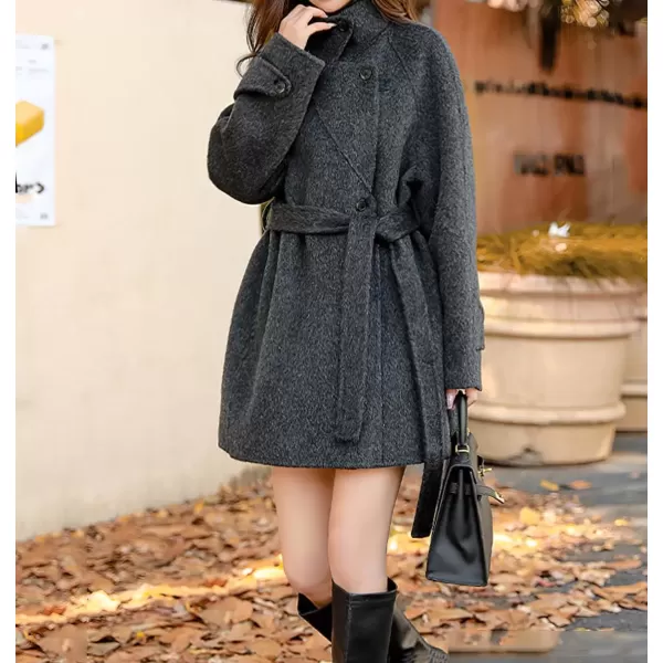 imagechouyatou Women Wool Blend Overcoat Stand Collar Trench Coat Warm Fall Winter Blazer Jacket Coat with BeltDark Grey