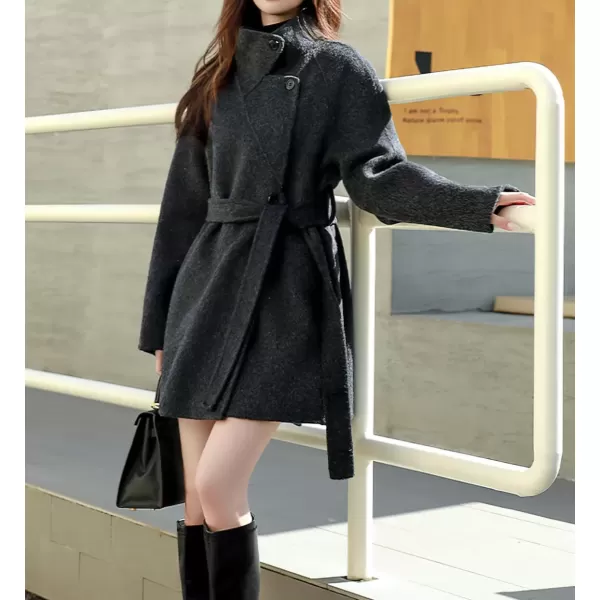 imagechouyatou Women Wool Blend Overcoat Stand Collar Trench Coat Warm Fall Winter Blazer Jacket Coat with BeltDark Grey