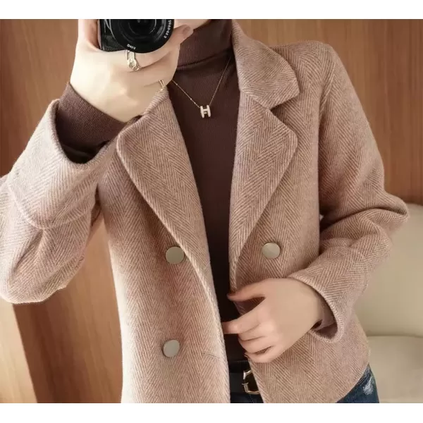 imagechouyatou Womens Casual Business Wool Blend Cropped Coat Loose Double Breasted Dressy Blazer Pea CoatDark Pink