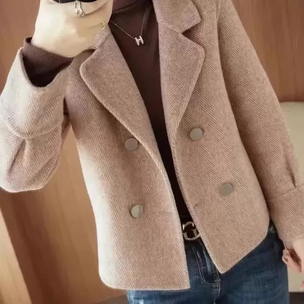 imagechouyatou Womens Casual Business Wool Blend Cropped Coat Loose Double Breasted Dressy Blazer Pea CoatDark Pink