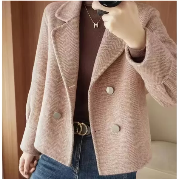 imagechouyatou Womens Casual Business Wool Blend Cropped Coat Loose Double Breasted Dressy Blazer Pea CoatDark Pink