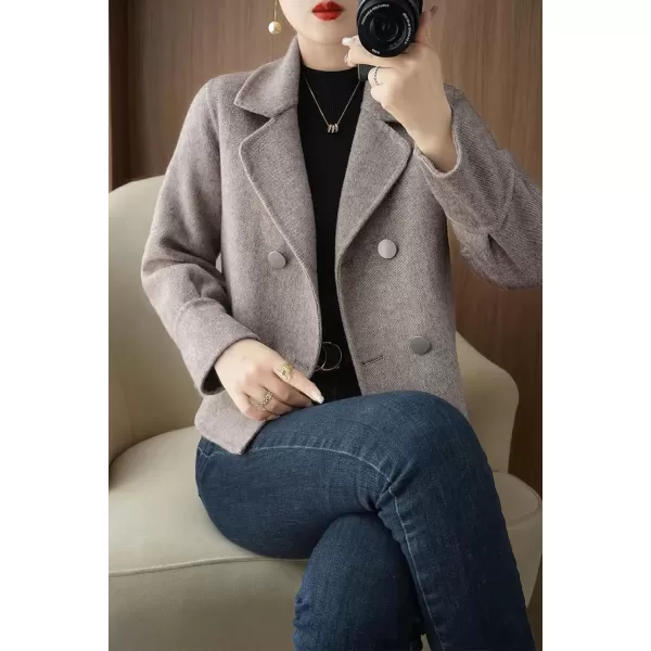imagechouyatou Womens Casual Business Wool Blend Cropped Coat Loose Double Breasted Dressy Blazer Pea CoatGrey