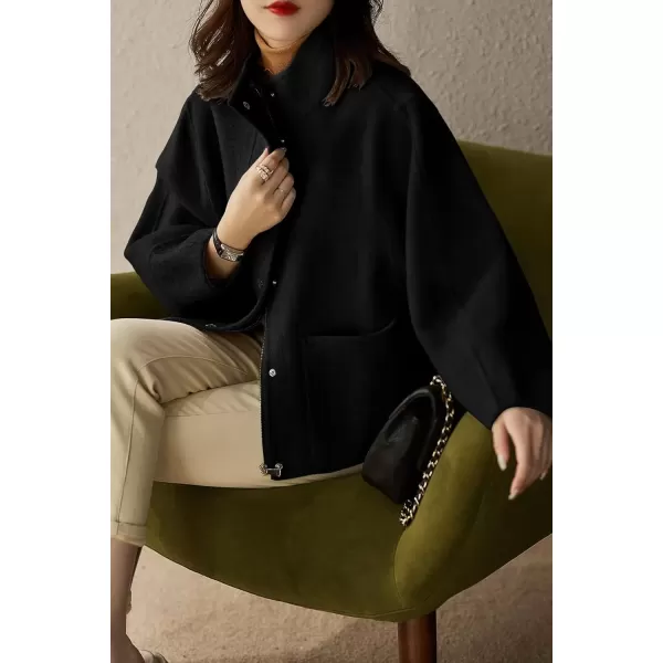 imagechouyatou Womens Casual Stand Collar Single Breasted Short Wool Pea Coat Overcoat with PocketsBlack
