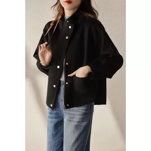 imagechouyatou Womens Casual Stand Collar Single Breasted Short Wool Pea Coat Overcoat with PocketsBlack
