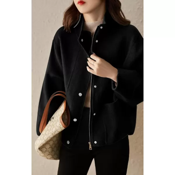 imagechouyatou Womens Casual Stand Collar Single Breasted Short Wool Pea Coat Overcoat with PocketsBlack