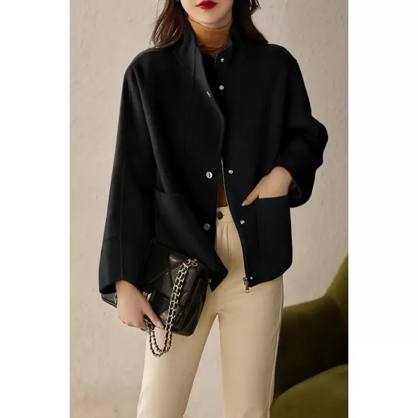 imagechouyatou Womens Casual Stand Collar Single Breasted Short Wool Pea Coat Overcoat with PocketsBlack