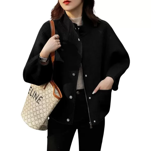 imagechouyatou Womens Casual Stand Collar Single Breasted Short Wool Pea Coat Overcoat with PocketsBlack