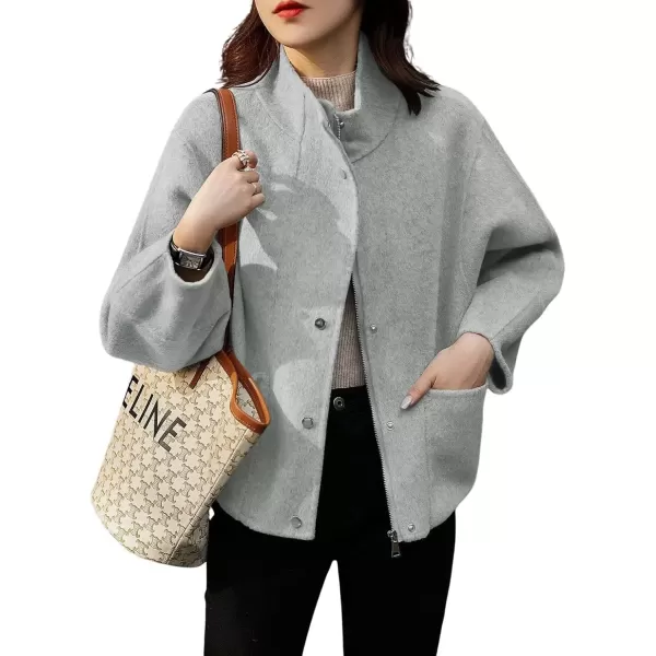 imagechouyatou Womens Casual Stand Collar Single Breasted Short Wool Pea Coat Overcoat with PocketsGray