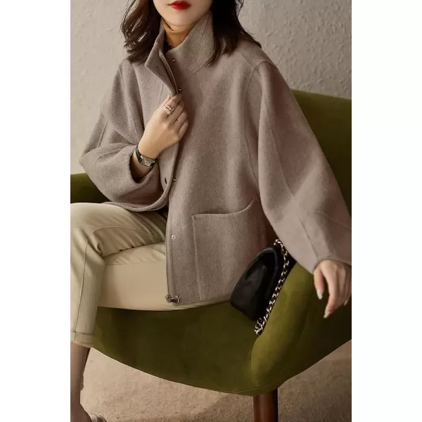 imagechouyatou Womens Casual Stand Collar Single Breasted Short Wool Pea Coat Overcoat with PocketsKhaki
