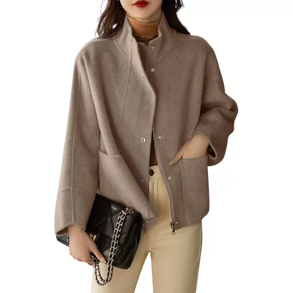 imagechouyatou Womens Casual Stand Collar Single Breasted Short Wool Pea Coat Overcoat with PocketsKhaki