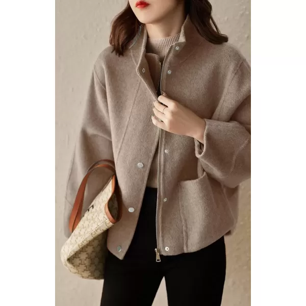 imagechouyatou Womens Casual Stand Collar Single Breasted Short Wool Pea Coat Overcoat with PocketsKhaki