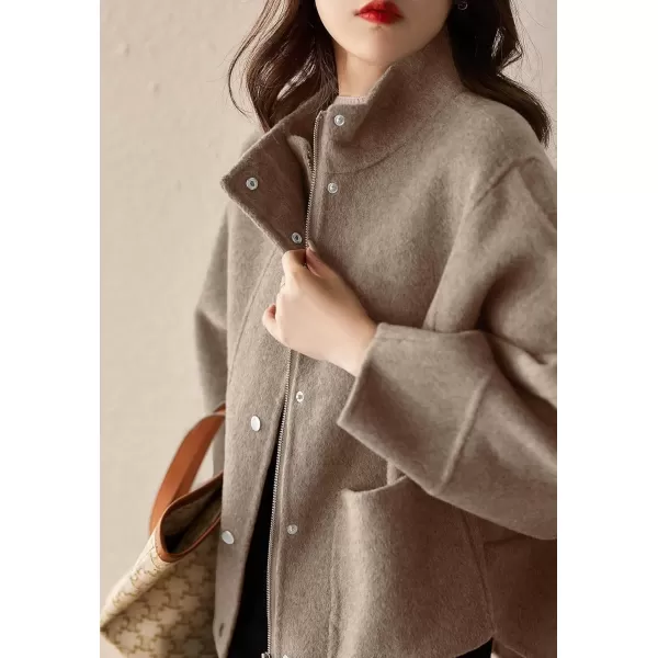 imagechouyatou Womens Casual Stand Collar Single Breasted Short Wool Pea Coat Overcoat with PocketsKhaki