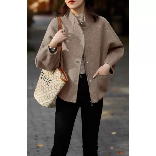 imagechouyatou Womens Casual Stand Collar Single Breasted Short Wool Pea Coat Overcoat with PocketsKhaki
