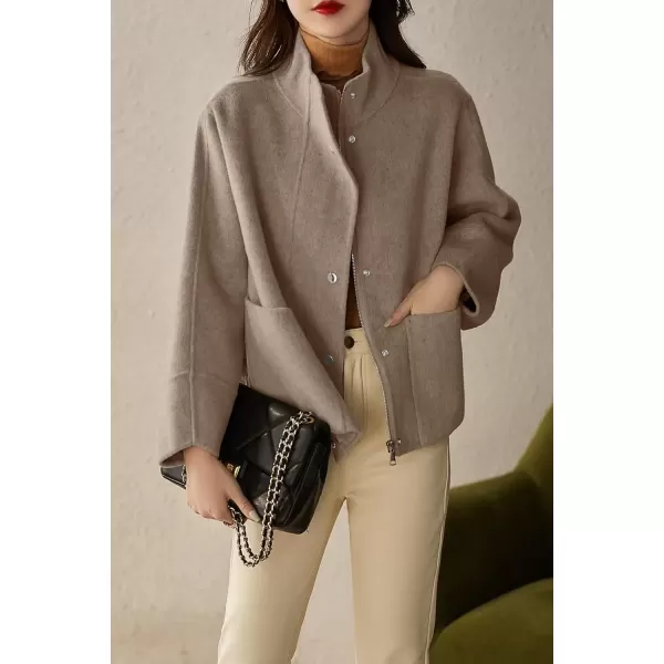 imagechouyatou Womens Casual Stand Collar Single Breasted Short Wool Pea Coat Overcoat with PocketsKhaki