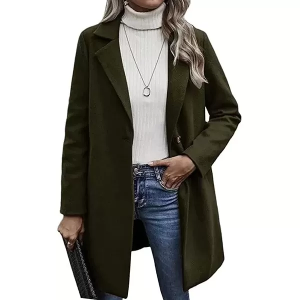 imagechouyatou Womens Chic Notch Lapel One Button Long Wool Pea Coat Winter Warm Trench CoatArmy Green