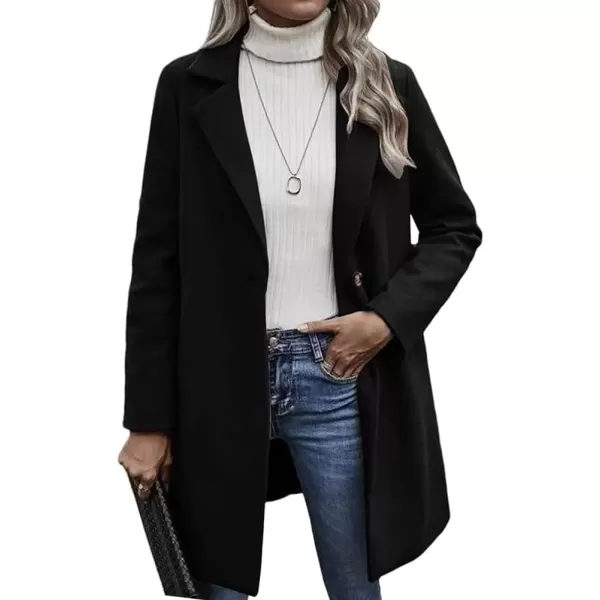 imagechouyatou Womens Chic Notch Lapel One Button Long Wool Pea Coat Winter Warm Trench CoatBlack