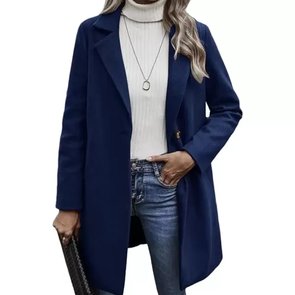 imagechouyatou Womens Chic Notch Lapel One Button Long Wool Pea Coat Winter Warm Trench CoatBlue