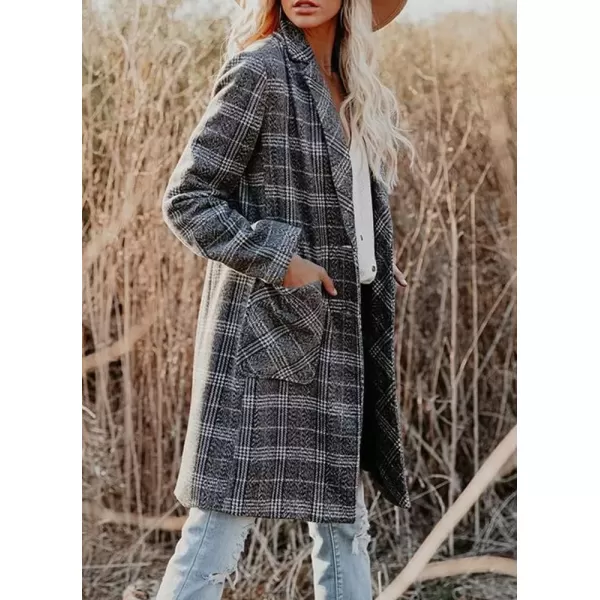 imagechouyatou Womens Chic Single Breasted Mid Long Plaid Wool Coat Blazer OvercoatGrey