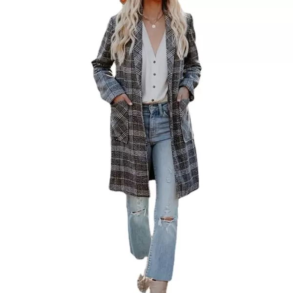 imagechouyatou Womens Chic Single Breasted Mid Long Plaid Wool Coat Blazer OvercoatGrey