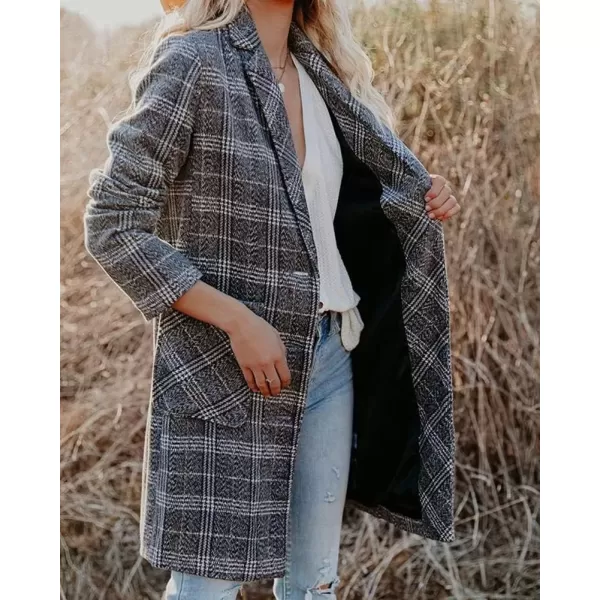 imagechouyatou Womens Chic Single Breasted Mid Long Plaid Wool Coat Blazer OvercoatGrey