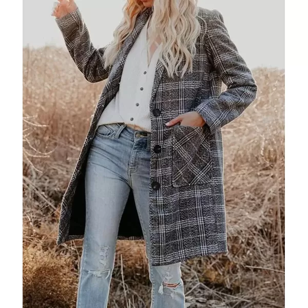imagechouyatou Womens Chic Single Breasted Mid Long Plaid Wool Coat Blazer OvercoatGrey