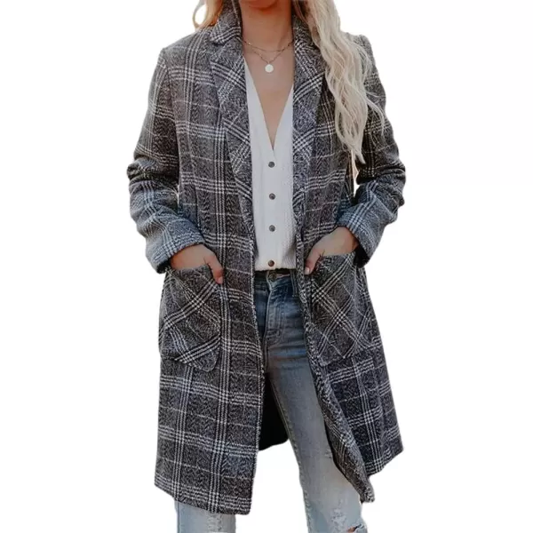 imagechouyatou Womens Chic Single Breasted Mid Long Plaid Wool Coat Blazer OvercoatGrey
