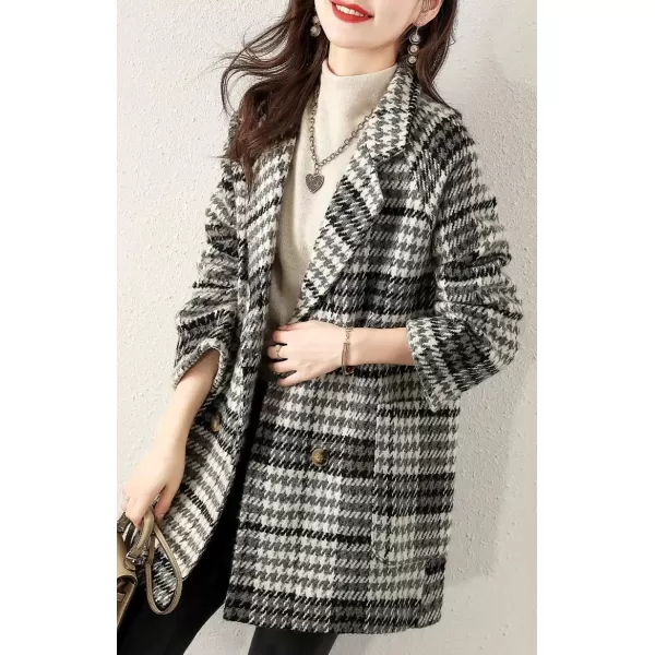 imagechouyatou Womens Elegant Houndstooth Plaid Double Breasted Lapel Collar Office Work Wool Pea Coat OvercoatBlack White