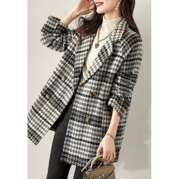 imagechouyatou Womens Elegant Houndstooth Plaid Double Breasted Lapel Collar Office Work Wool Pea Coat OvercoatBlack White