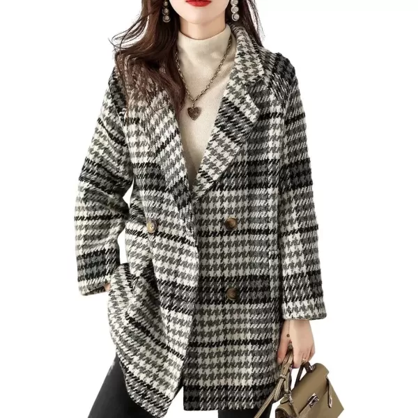 imagechouyatou Womens Elegant Houndstooth Plaid Double Breasted Lapel Collar Office Work Wool Pea Coat OvercoatBlack White