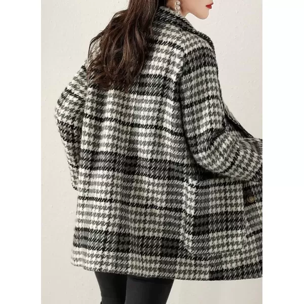imagechouyatou Womens Elegant Houndstooth Plaid Double Breasted Lapel Collar Office Work Wool Pea Coat OvercoatBlack White