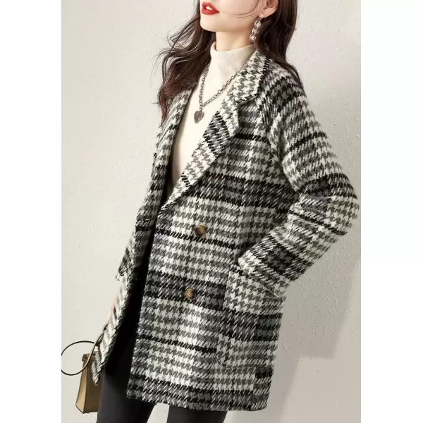 imagechouyatou Womens Elegant Houndstooth Plaid Double Breasted Lapel Collar Office Work Wool Pea Coat OvercoatBlack White