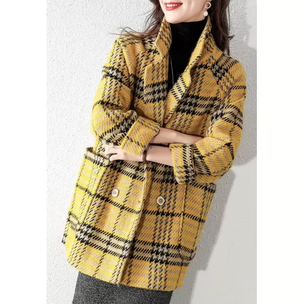 imagechouyatou Womens Elegant Houndstooth Plaid Double Breasted Lapel Collar Office Work Wool Pea Coat OvercoatBlack Yellow
