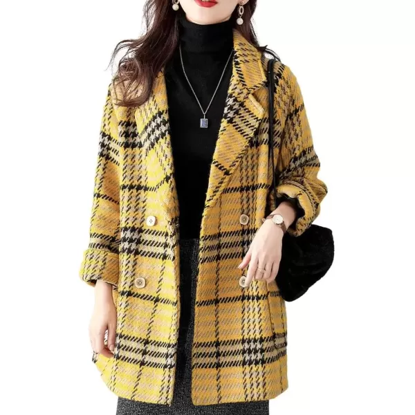 imagechouyatou Womens Elegant Houndstooth Plaid Double Breasted Lapel Collar Office Work Wool Pea Coat OvercoatBlack Yellow