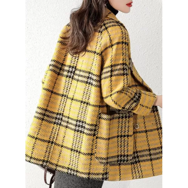 imagechouyatou Womens Elegant Houndstooth Plaid Double Breasted Lapel Collar Office Work Wool Pea Coat OvercoatBlack Yellow