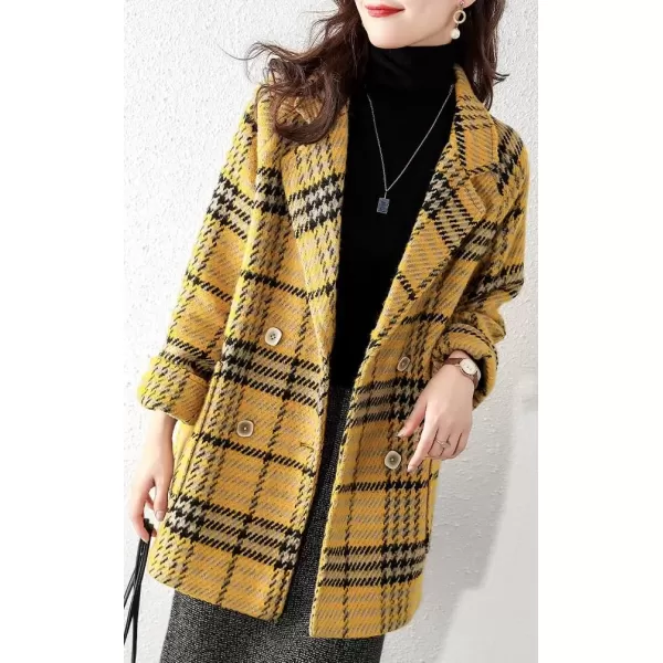 imagechouyatou Womens Elegant Houndstooth Plaid Double Breasted Lapel Collar Office Work Wool Pea Coat OvercoatBlack Yellow