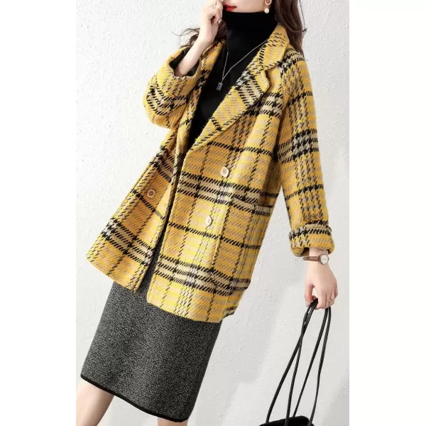 imagechouyatou Womens Elegant Houndstooth Plaid Double Breasted Lapel Collar Office Work Wool Pea Coat OvercoatBlack Yellow