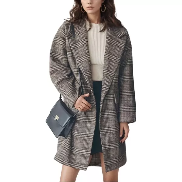 imagechouyatou Womens Elegant Notched Lapel Plaid Wool Coat Casual Single Breasted Trench Pea Coat with PocketsCoffee