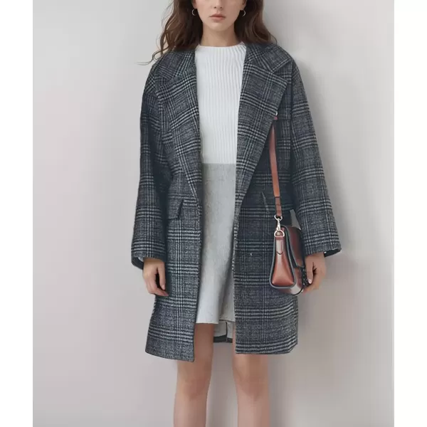 imagechouyatou Womens Elegant Notched Lapel Plaid Wool Coat Casual Single Breasted Trench Pea Coat with PocketsGray
