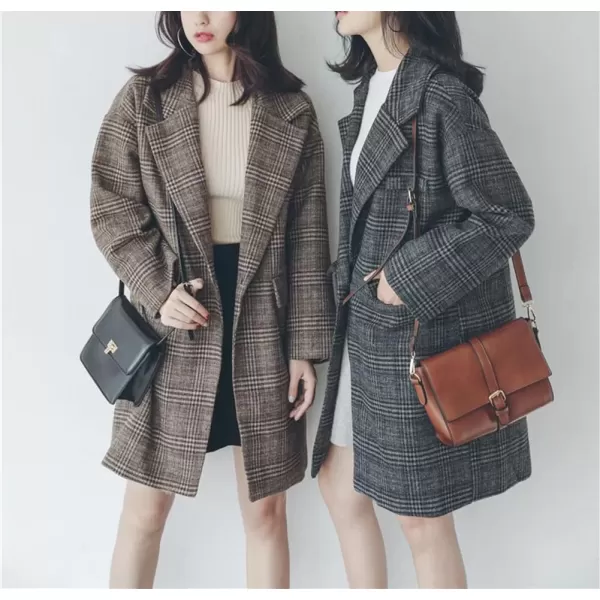 imagechouyatou Womens Elegant Notched Lapel Plaid Wool Coat Casual Single Breasted Trench Pea Coat with PocketsGray