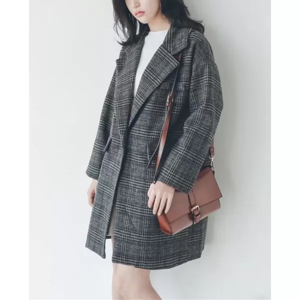 imagechouyatou Womens Elegant Notched Lapel Plaid Wool Coat Casual Single Breasted Trench Pea Coat with PocketsGray