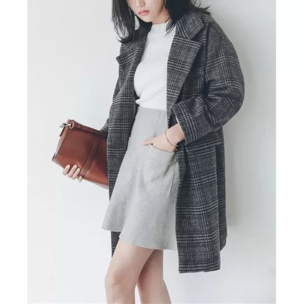 imagechouyatou Womens Elegant Notched Lapel Plaid Wool Coat Casual Single Breasted Trench Pea Coat with PocketsGray