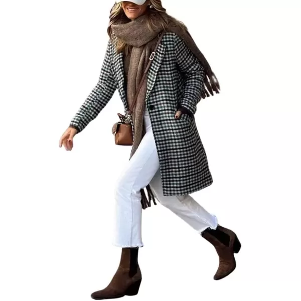 imagechouyatou Womens Elegant Single Breasted Plaid Wool Coat Casual Lapel Long Trench Pea CoatBlack