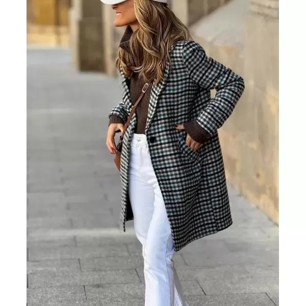 imagechouyatou Womens Elegant Single Breasted Plaid Wool Coat Casual Lapel Long Trench Pea CoatBlack