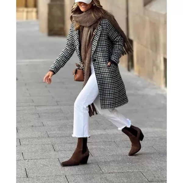 imagechouyatou Womens Elegant Single Breasted Plaid Wool Coat Casual Lapel Long Trench Pea CoatBlack
