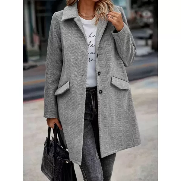 imagechouyatou Womens Fall Herringbone Wool Coat Formal Office Work Single Breasted Winter Pea CoatGrey