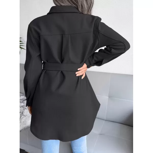 imagechouyatou Womens Fashion Lapel Collar Single Breasted Loose Fit Wool Blend Shirt Jacket Shacket with BeltBlack