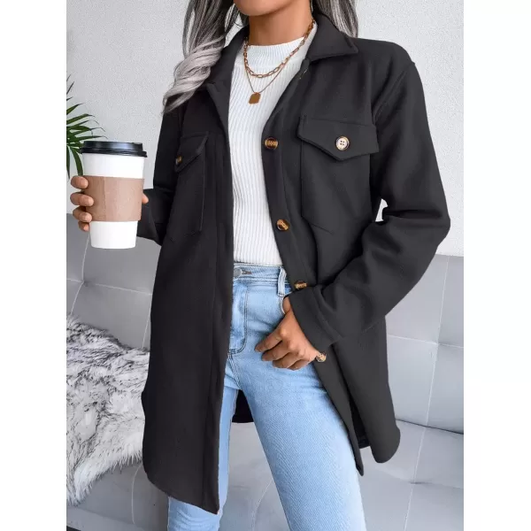imagechouyatou Womens Fashion Lapel Collar Single Breasted Loose Fit Wool Blend Shirt Jacket Shacket with BeltBlack