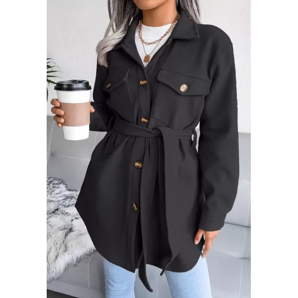 imagechouyatou Womens Fashion Lapel Collar Single Breasted Loose Fit Wool Blend Shirt Jacket Shacket with BeltBlack